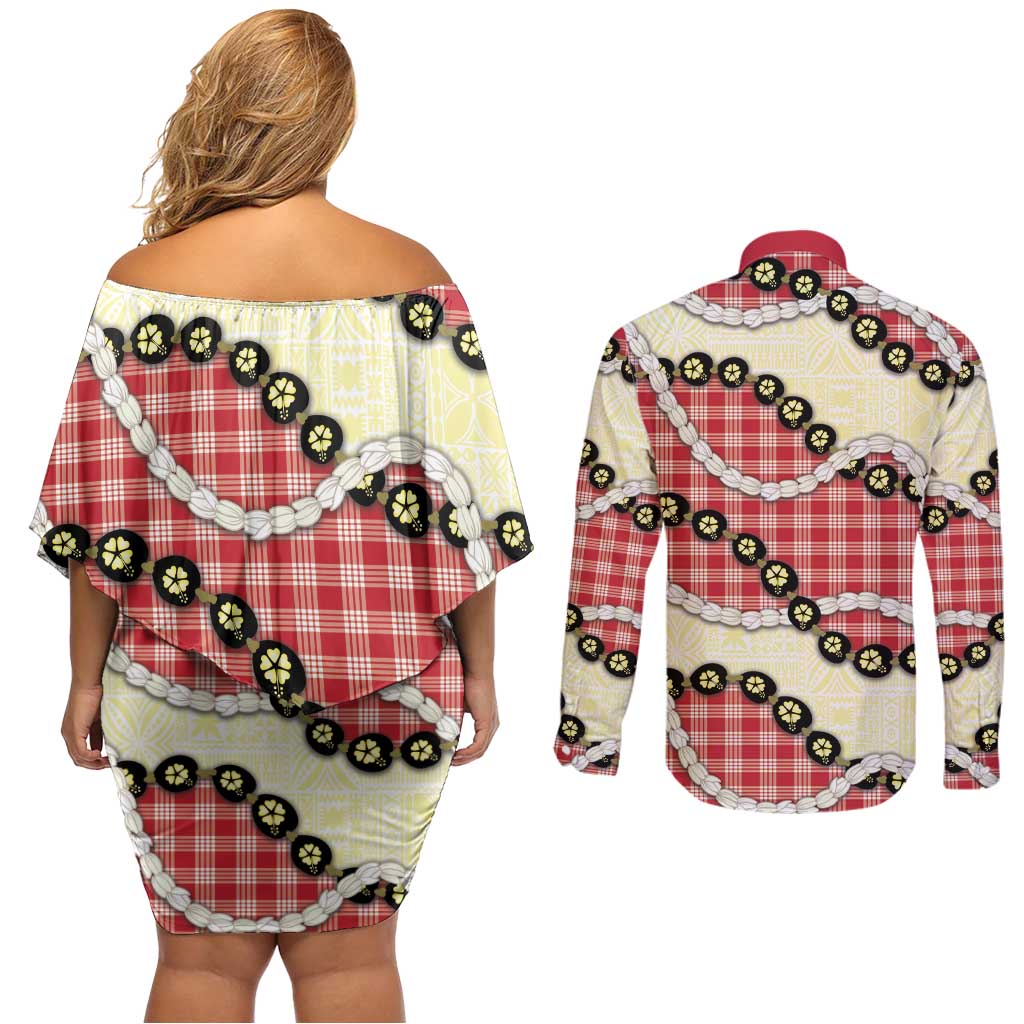 Red Palaka Hawaii Couples Matching Off Shoulder Short Dress and Long Sleeve Button Shirt Kukui Nut Pikake Lei Hawaiian Tapa Pattern - Polynesian Pride