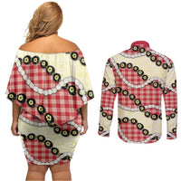 Red Palaka Hawaii Couples Matching Off Shoulder Short Dress and Long Sleeve Button Shirt Kukui Nut Pikake Lei Hawaiian Tapa Pattern - Polynesian Pride