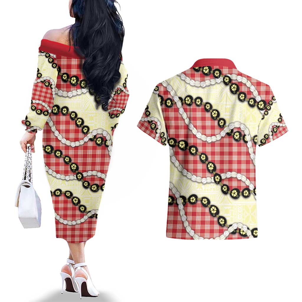 Red Palaka Hawaii Couples Matching Off The Shoulder Long Sleeve Dress and Hawaiian Shirt Kukui Nut Pikake Lei Hawaiian Tapa Pattern - Polynesian Pride