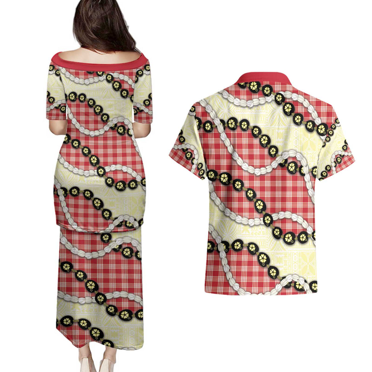 Red Palaka Hawaii Couples Matching Puletasi and Hawaiian Shirt Kukui Nut Pikake Lei Hawaiian Tapa Pattern - Polynesian Pride