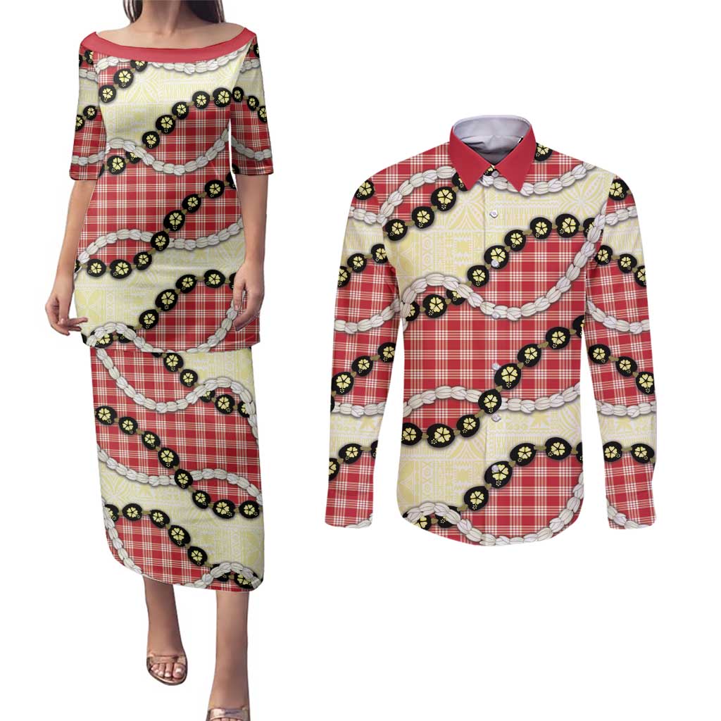 Red Palaka Hawaii Couples Matching Puletasi and Long Sleeve Button Shirt Kukui Nut Pikake Lei Hawaiian Tapa Pattern - Polynesian Pride