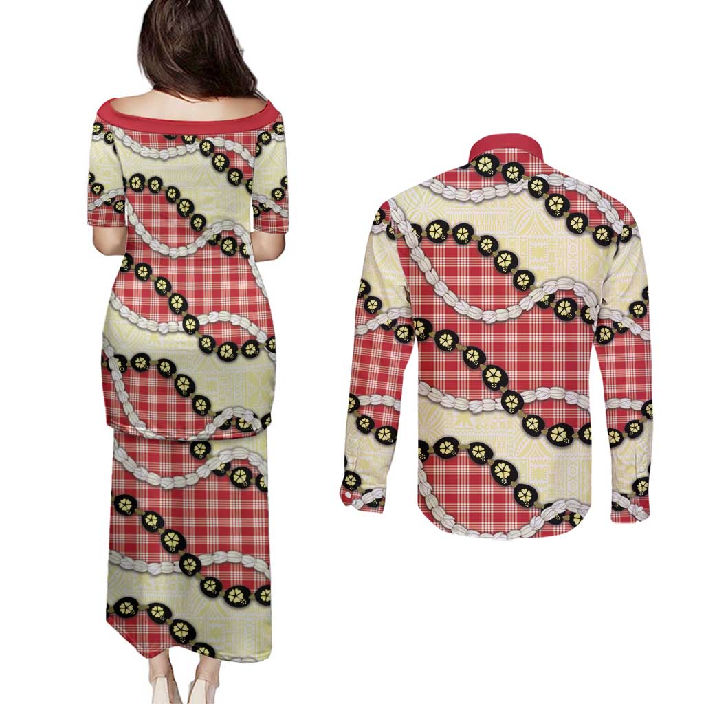Red Palaka Hawaii Couples Matching Puletasi and Long Sleeve Button Shirt Kukui Nut Pikake Lei Hawaiian Tapa Pattern - Polynesian Pride