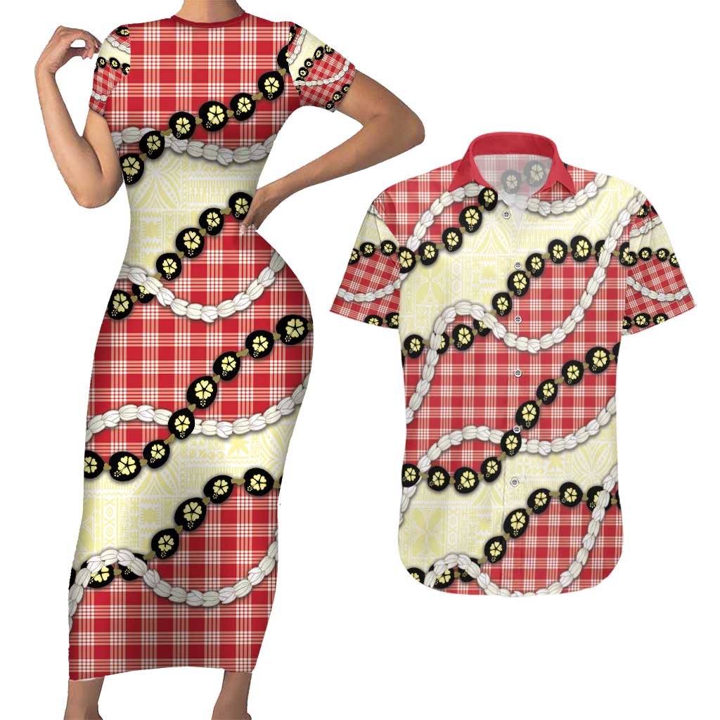 Red Palaka Hawaii Couples Matching Short Sleeve Bodycon Dress and Hawaiian Shirt Kukui Nut Pikake Lei Hawaiian Tapa Pattern - Polynesian Pride
