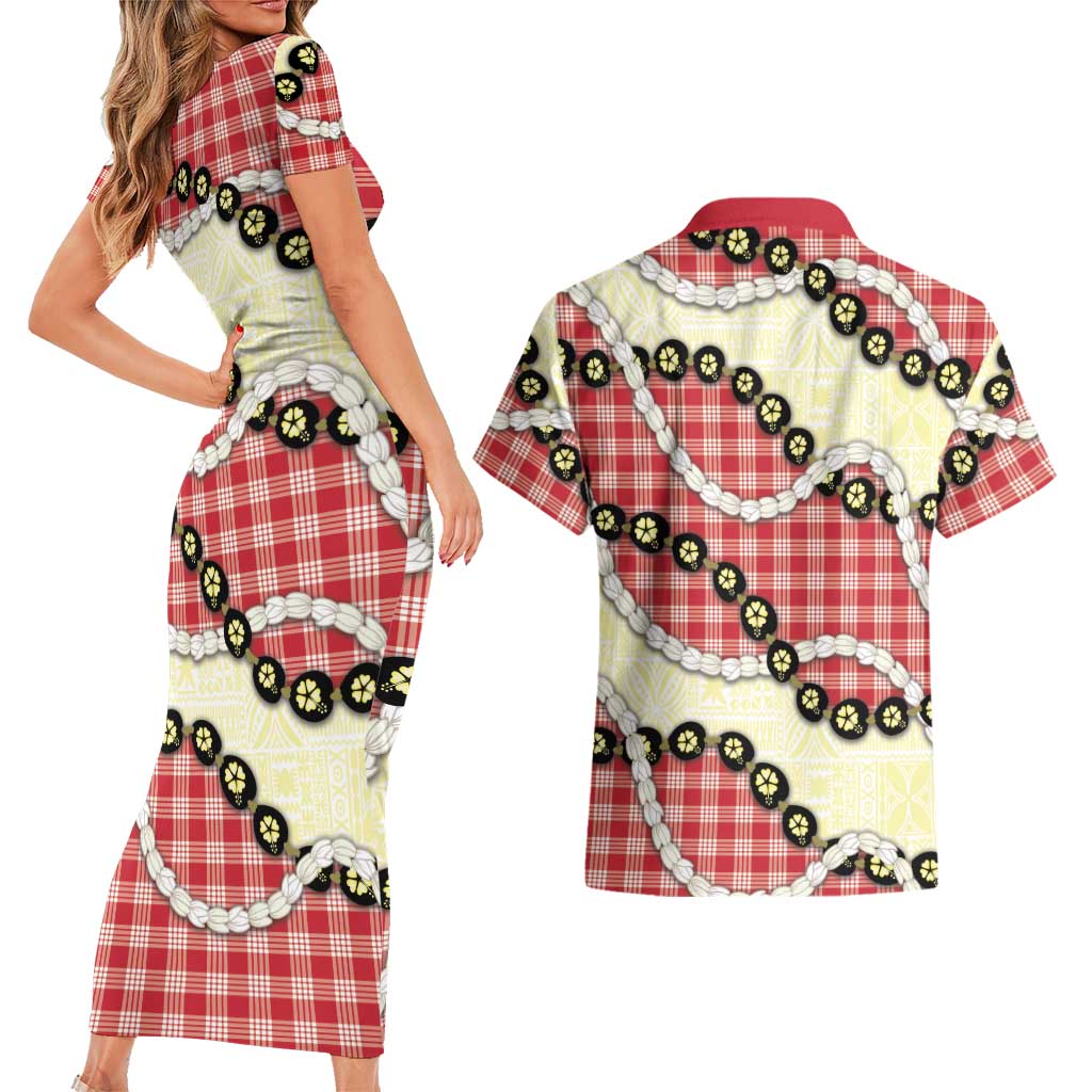 Red Palaka Hawaii Couples Matching Short Sleeve Bodycon Dress and Hawaiian Shirt Kukui Nut Pikake Lei Hawaiian Tapa Pattern - Polynesian Pride