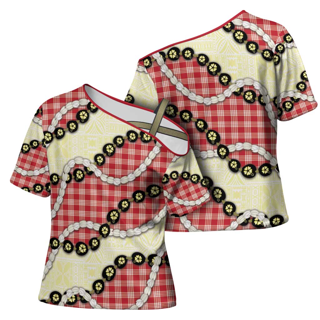 Red Palaka Hawaii Cross Shoulder Shirt Kukui Nut Pikake Lei Hawaiian Tapa Pattern - Polynesian Pride