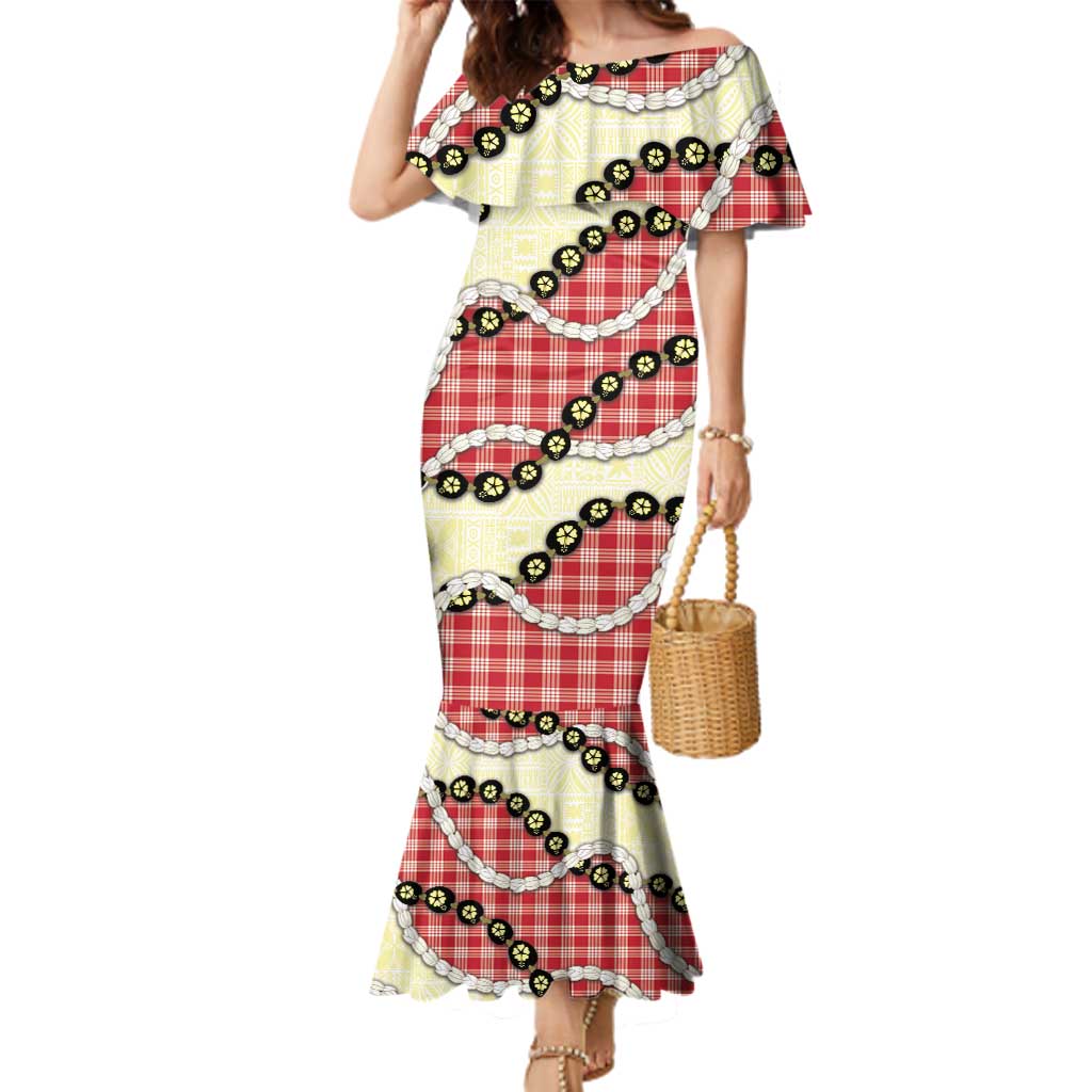 Red Palaka Hawaii Family Matching Mermaid Dress and Hawaiian Shirt Kukui Nut Pikake Lei Hawaiian Tapa Pattern - Polynesian Pride