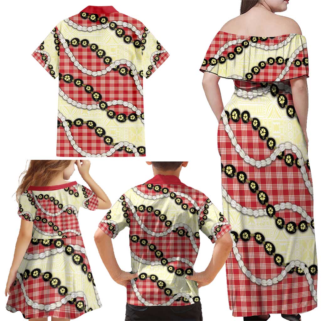 Red Palaka Hawaii Family Matching Off Shoulder Maxi Dress and Hawaiian Shirt Kukui Nut Pikake Lei Hawaiian Tapa Pattern - Polynesian Pride
