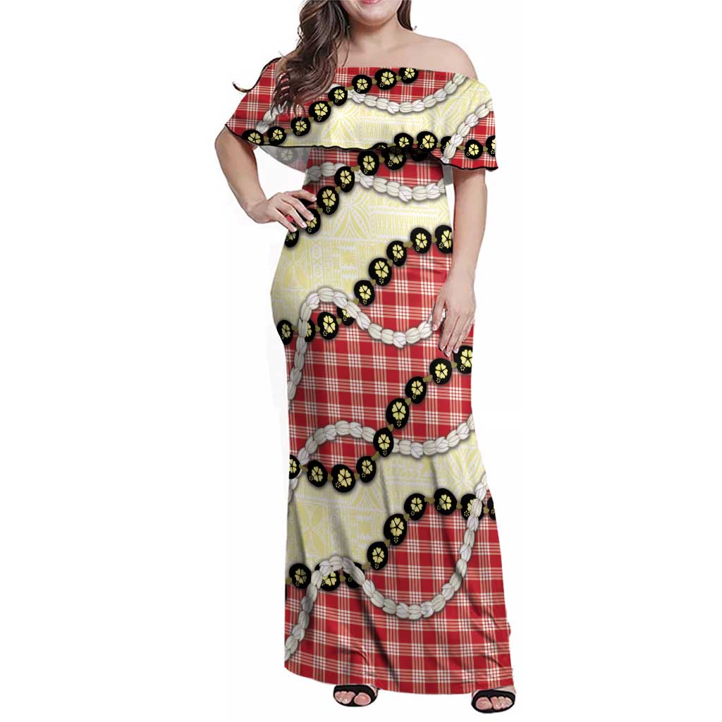 Red Palaka Hawaii Family Matching Off Shoulder Maxi Dress and Hawaiian Shirt Kukui Nut Pikake Lei Hawaiian Tapa Pattern - Polynesian Pride