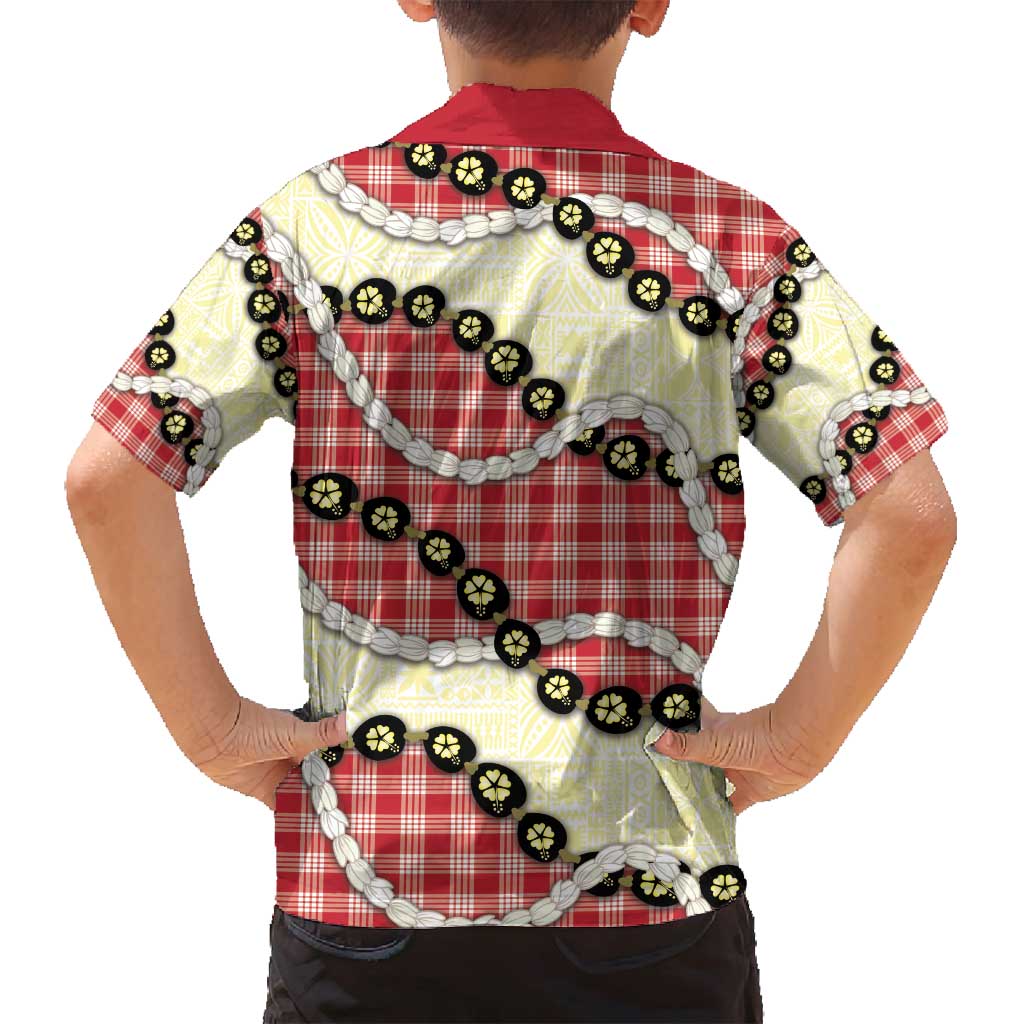 Red Palaka Hawaii Family Matching Off Shoulder Short Dress and Hawaiian Shirt Kukui Nut Pikake Lei Hawaiian Tapa Pattern - Polynesian Pride