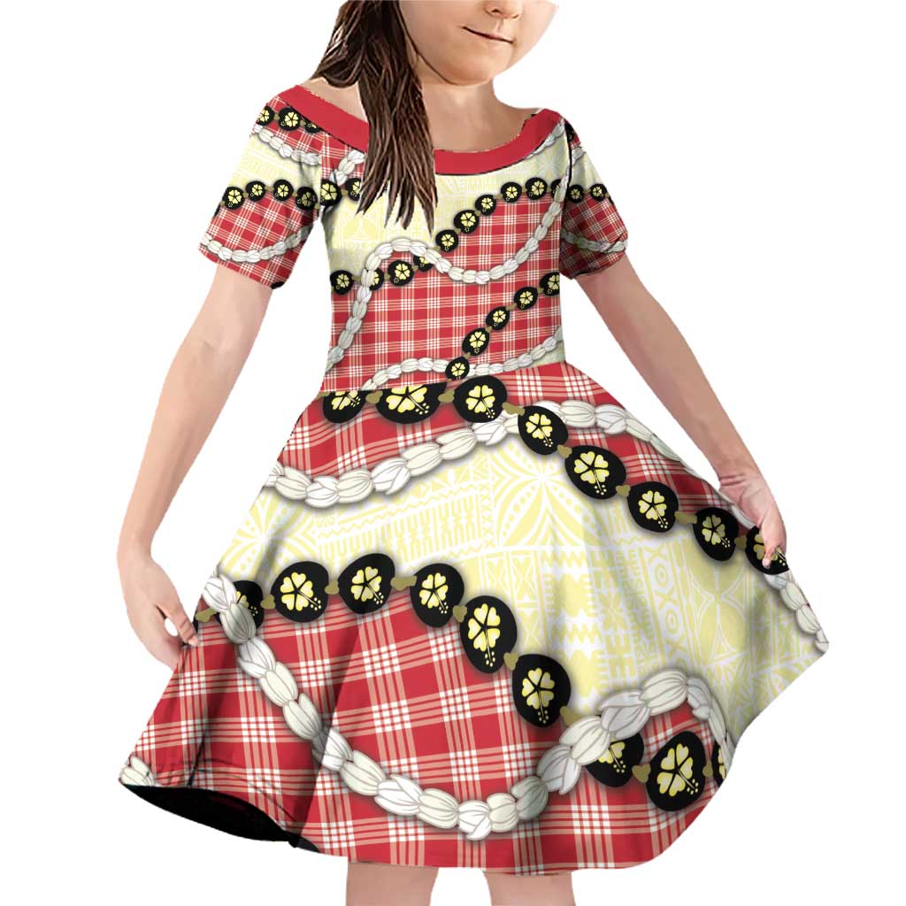 Red Palaka Hawaii Family Matching Off Shoulder Short Dress and Hawaiian Shirt Kukui Nut Pikake Lei Hawaiian Tapa Pattern - Polynesian Pride