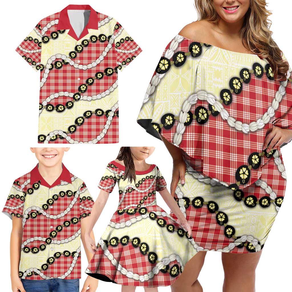 Red Palaka Hawaii Family Matching Off Shoulder Short Dress and Hawaiian Shirt Kukui Nut Pikake Lei Hawaiian Tapa Pattern - Polynesian Pride