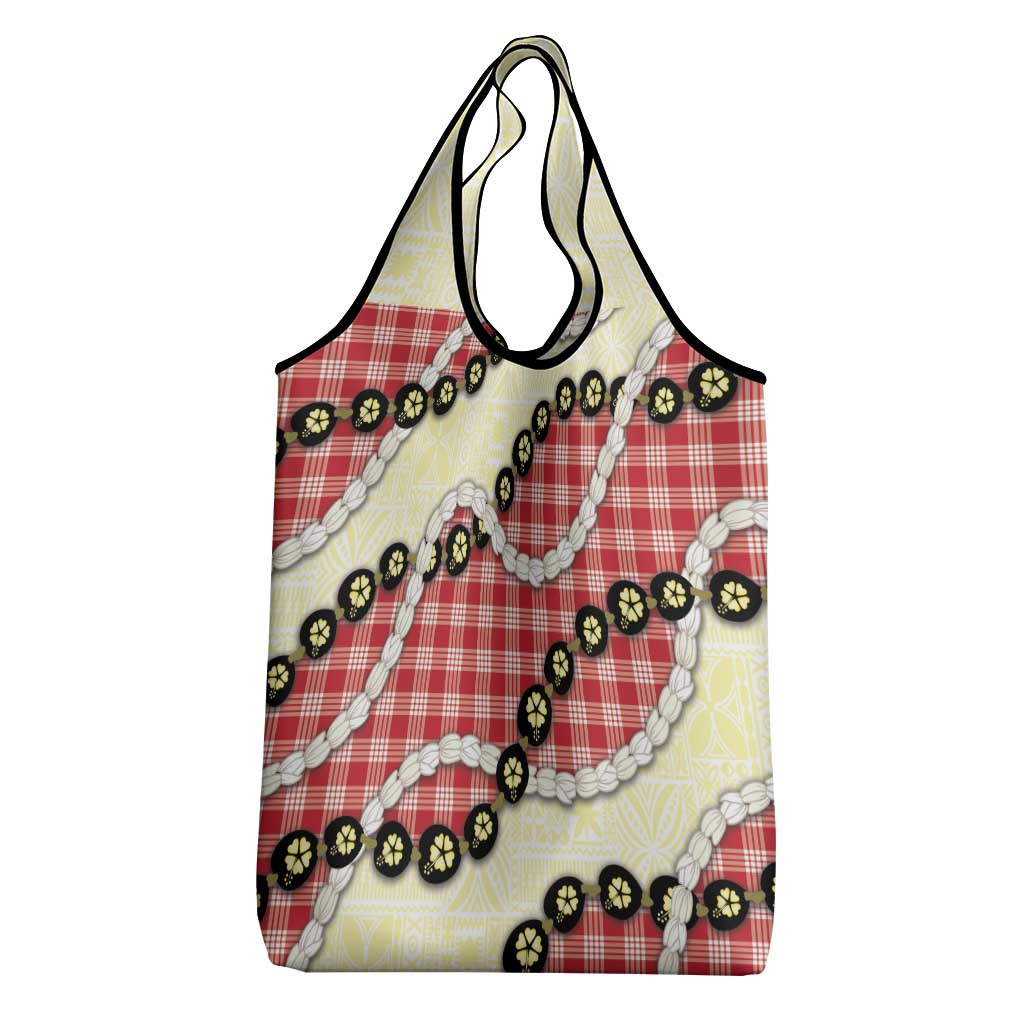 Red Palaka Hawaii Grocery Bag Kukui Nut Pikake Lei Hawaiian Tapa Pattern - Polynesian Pride
