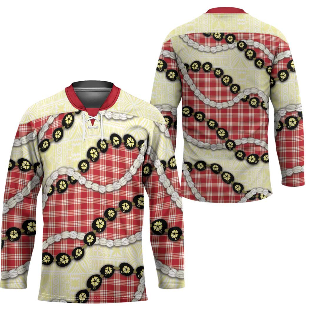 Red Palaka Hawaii Hockey Jersey Kukui Nut Pikake Lei Hawaiian Tapa Pattern - Polynesian Pride