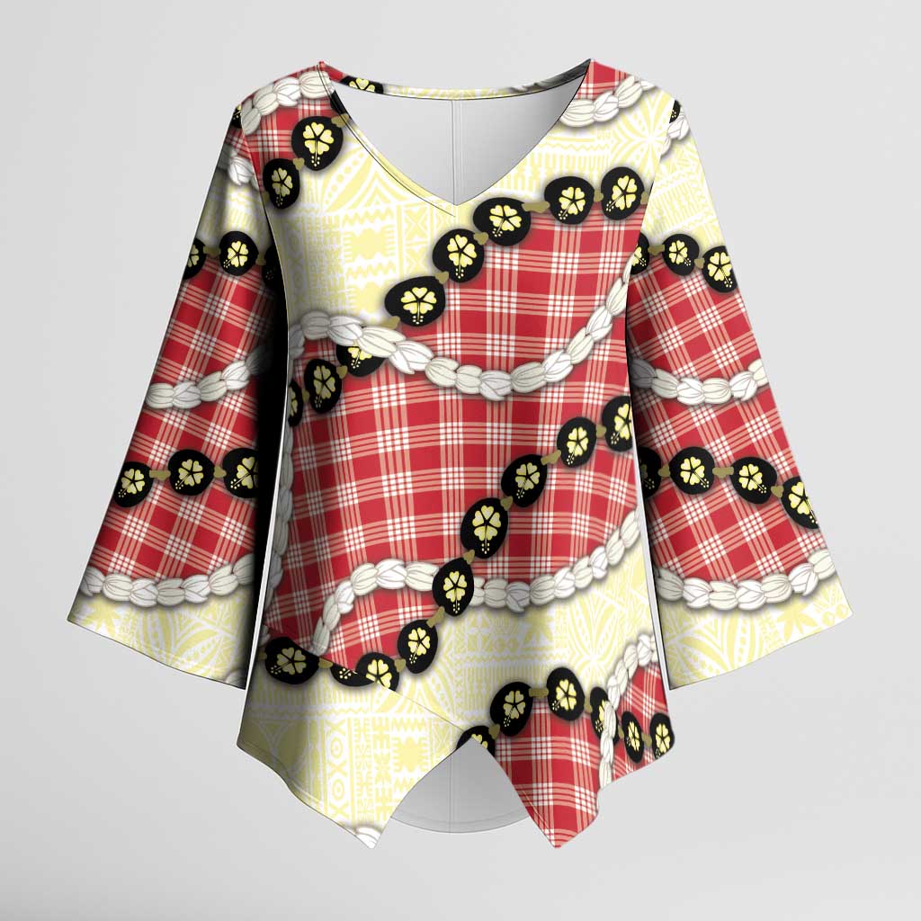 Red Palaka Hawaii Kimono Sleeve Blouse Kukui Nut Pikake Lei Hawaiian Tapa Pattern - Polynesian Pride