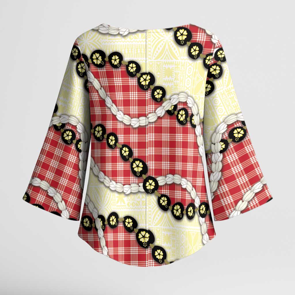 Red Palaka Hawaii Kimono Sleeve Blouse Kukui Nut Pikake Lei Hawaiian Tapa Pattern - Polynesian Pride