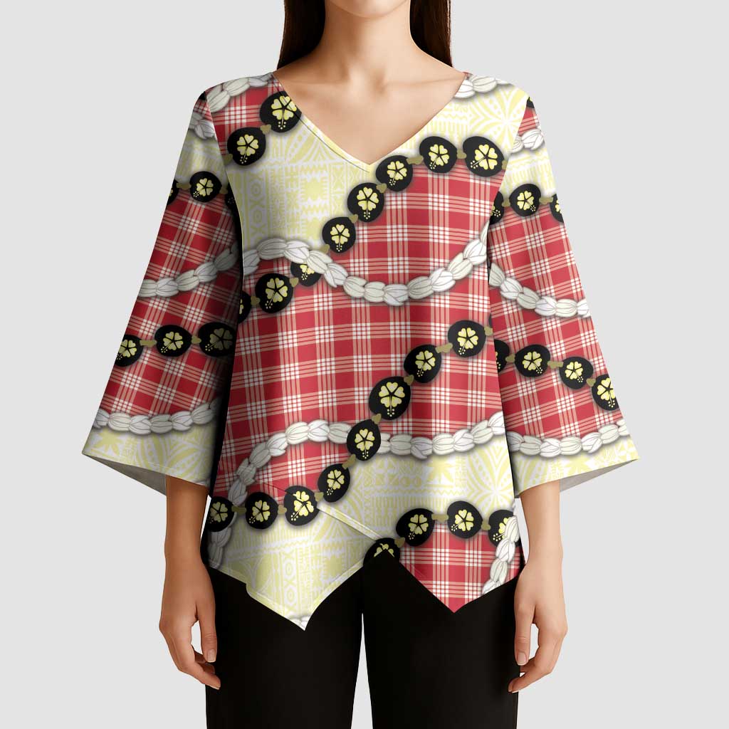 Red Palaka Hawaii Kimono Sleeve Blouse Kukui Nut Pikake Lei Hawaiian Tapa Pattern - Polynesian Pride