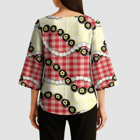 Red Palaka Hawaii Kimono Sleeve Blouse Kukui Nut Pikake Lei Hawaiian Tapa Pattern - Polynesian Pride