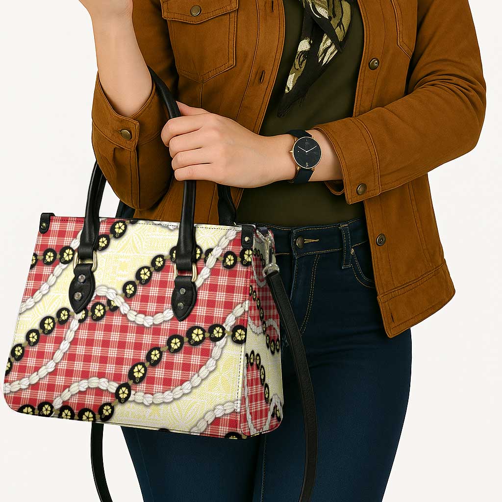 Red Palaka Hawaii Leather Bag Kukui Nut Pikake Lei Hawaiian Tapa Pattern - Polynesian Pride