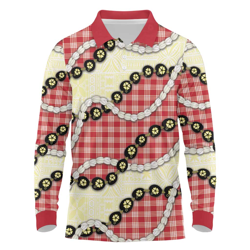 Red Palaka Hawaii Long Sleeve Polo Shirt Kukui Nut Pikake Lei Hawaiian Tapa Pattern - Polynesian Pride