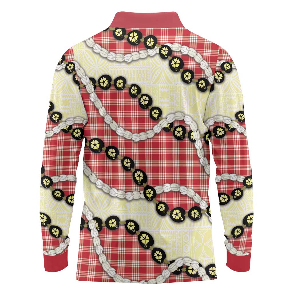 Red Palaka Hawaii Long Sleeve Polo Shirt Kukui Nut Pikake Lei Hawaiian Tapa Pattern - Polynesian Pride