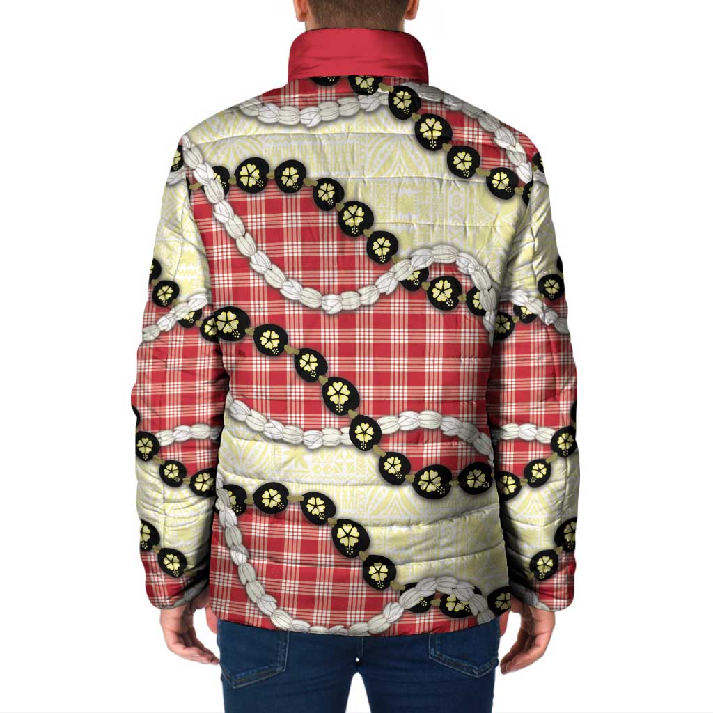 Red Palaka Hawaii Padded Jacket Kukui Nut Pikake Lei Hawaiian Tapa Pattern - Polynesian Pride