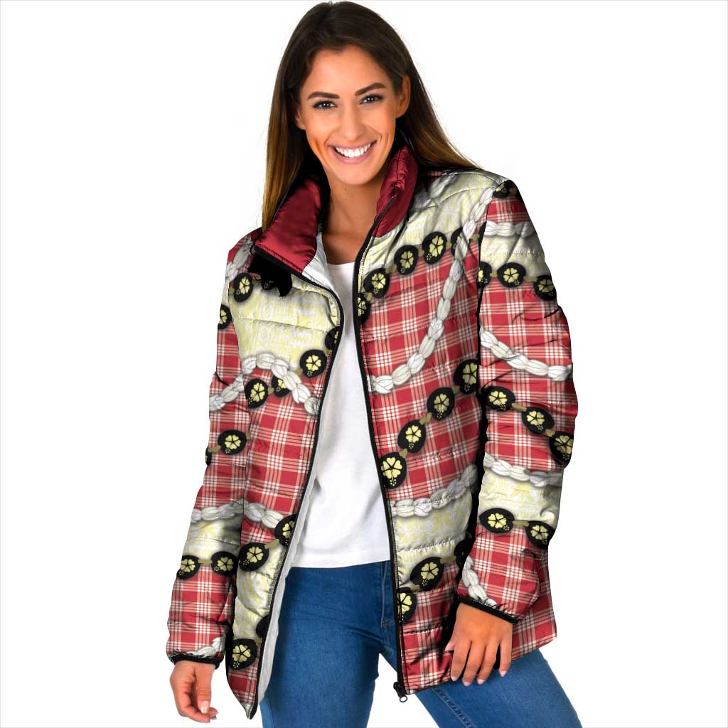 Red Palaka Hawaii Padded Jacket Kukui Nut Pikake Lei Hawaiian Tapa Pattern - Polynesian Pride