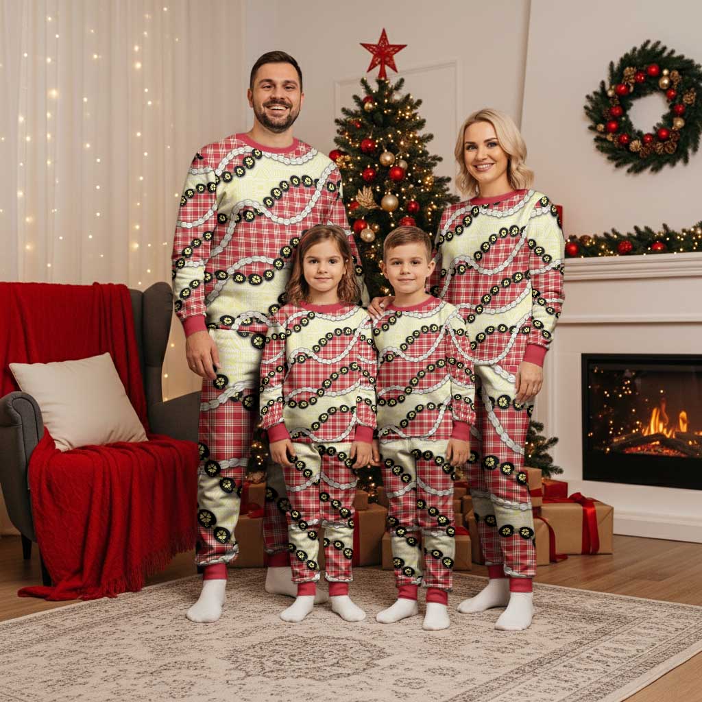 Red Palaka Hawaii Christmas Pajama Set Kukui Nut Pikake Lei Hawaiian Tapa Pattern - Polynesian Pride