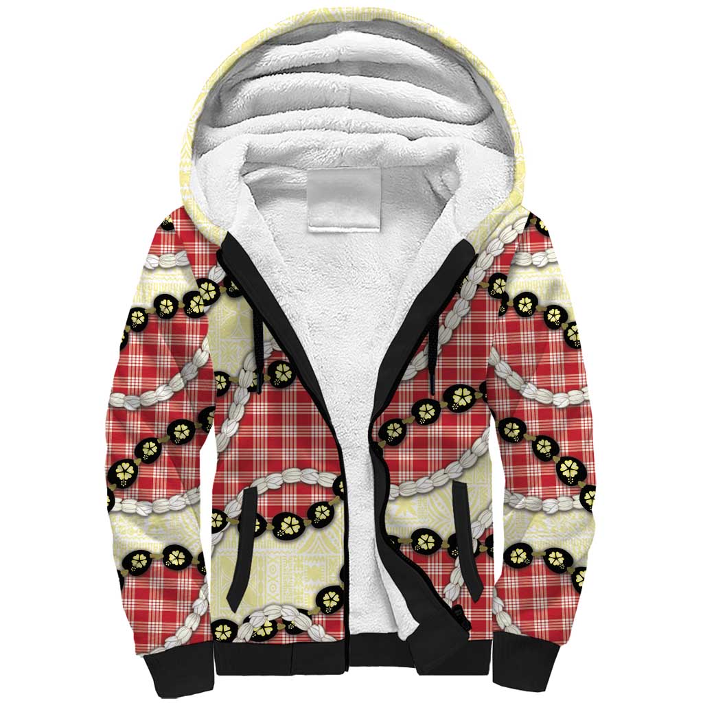 Red Palaka Hawaii Sherpa Hoodie Kukui Nut Pikake Lei Hawaiian Tapa Pattern - Polynesian Pride