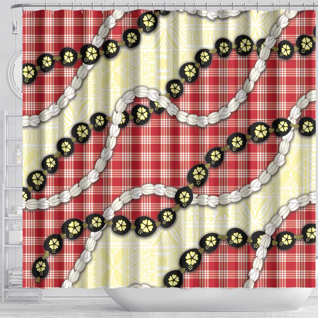 Red Palaka Hawaii Shower Curtain Kukui Nut Pikake Lei Hawaiian Tapa Pattern - Polynesian Pride