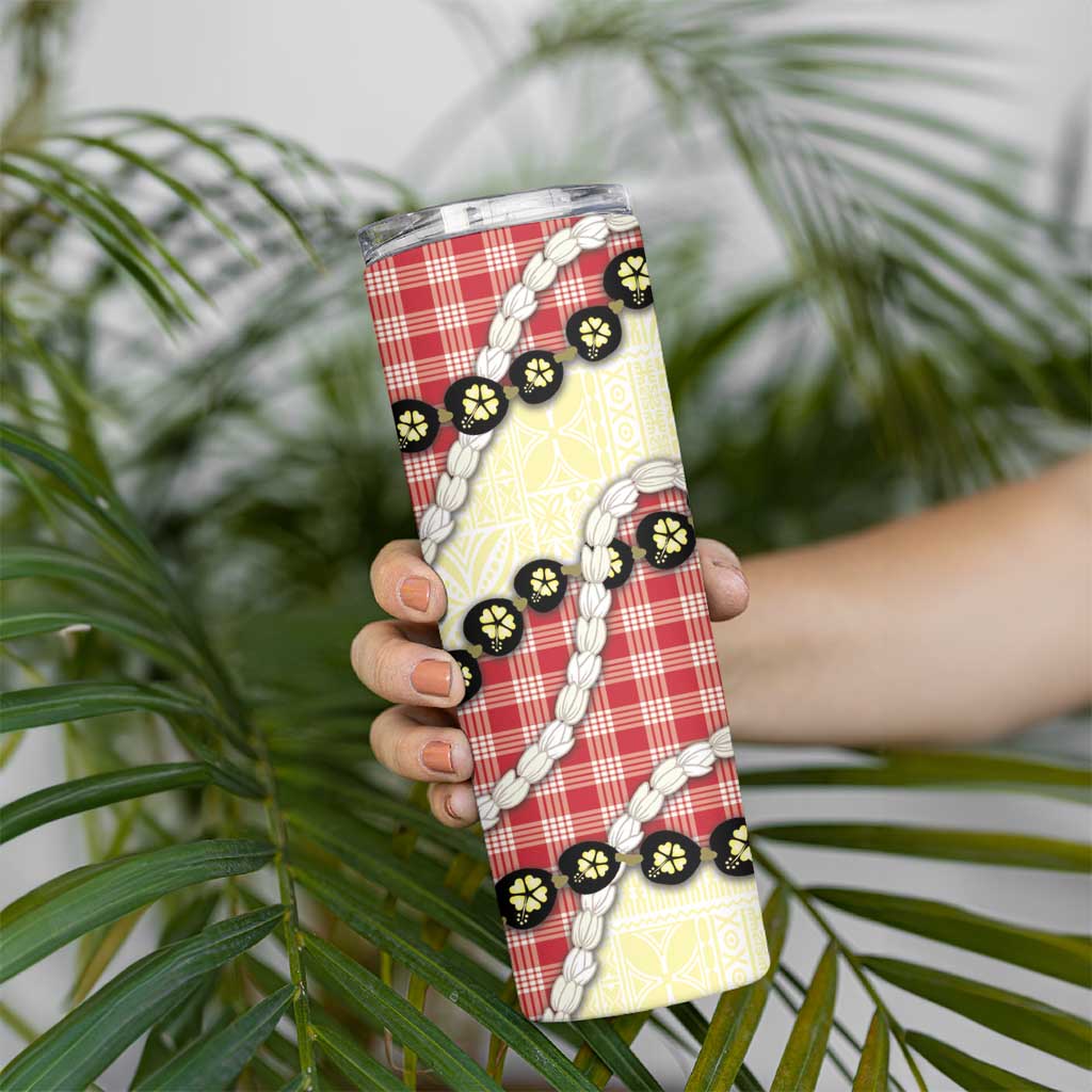 Red Palaka Hawaii Skinny Tumbler Kukui Nut Pikake Lei Hawaiian Tapa Pattern - Polynesian Pride