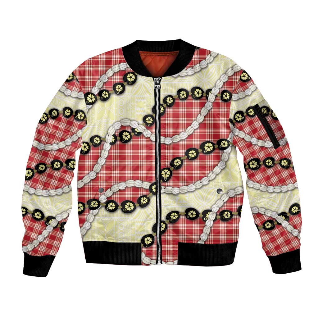 Red Palaka Hawaii Sleeve Zip Bomber Jacket Kukui Nut Pikake Lei Hawaiian Tapa Pattern - Polynesian Pride