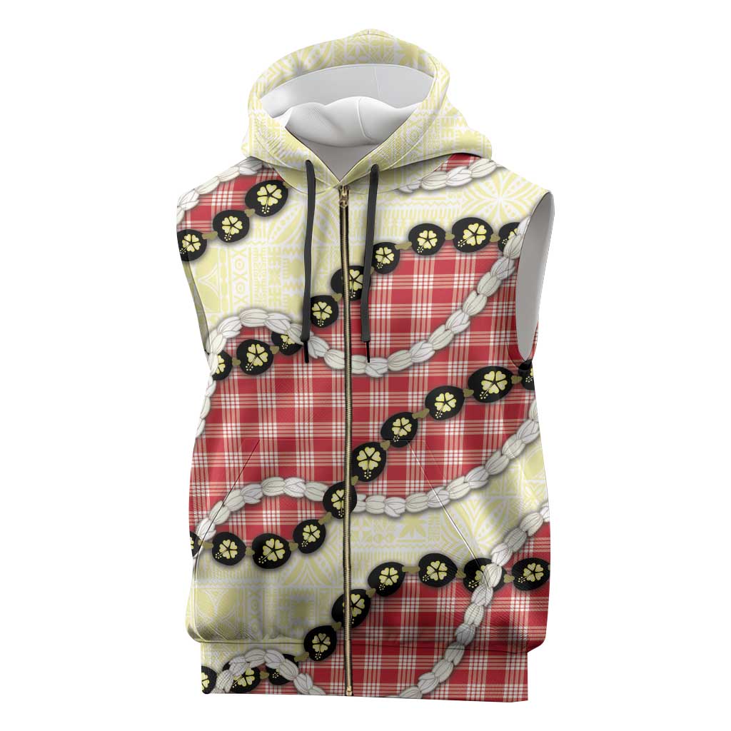 Red Palaka Hawaii Sleeveless Zip Hoodie Kukui Nut Pikake Lei Hawaiian Tapa Pattern - Polynesian Pride