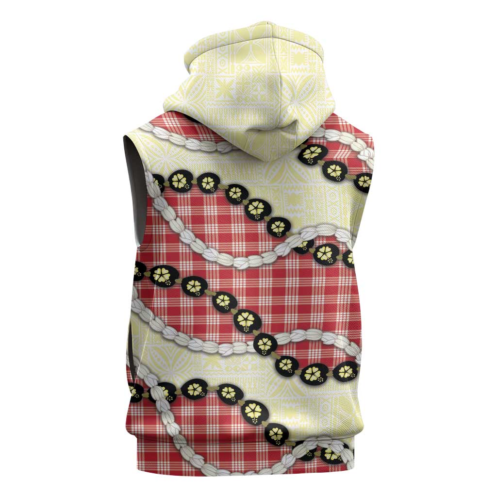 Red Palaka Hawaii Sleeveless Zip Hoodie Kukui Nut Pikake Lei Hawaiian Tapa Pattern - Polynesian Pride