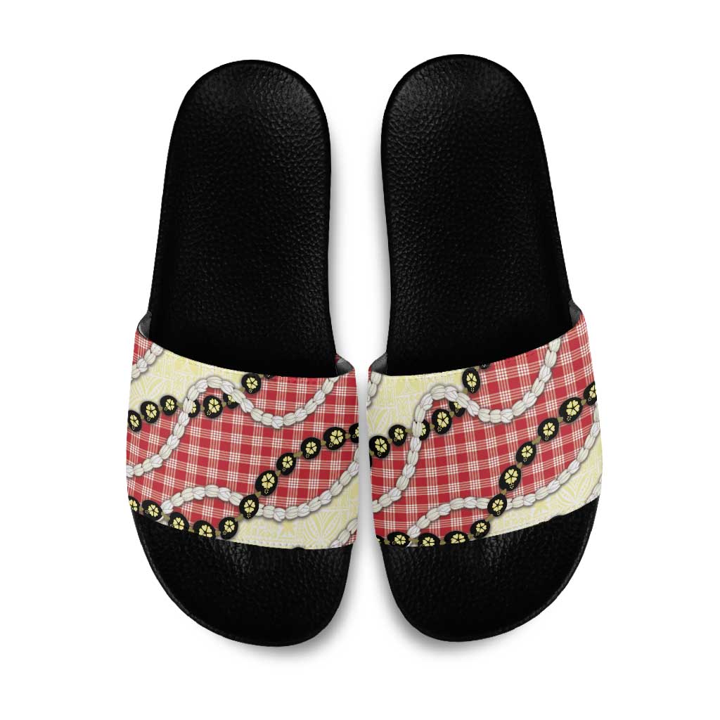 Red Palaka Hawaii Slide Sandals Kukui Nut Pikake Lei Hawaiian Tapa Pattern - Polynesian Pride