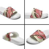 Red Palaka Hawaii Slide Sandals Kukui Nut Pikake Lei Hawaiian Tapa Pattern - Polynesian Pride