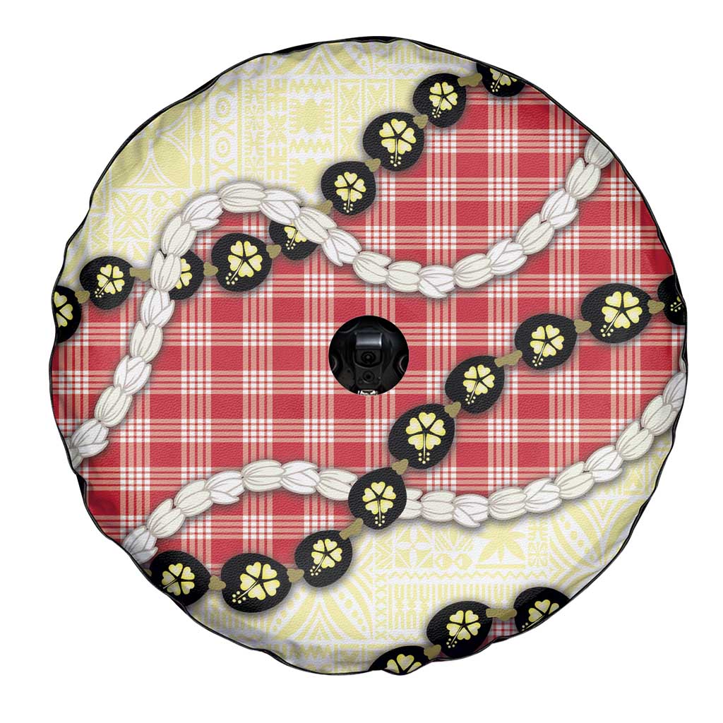 Red Palaka Hawaii Spare Tire Cover Kukui Nut Pikake Lei Hawaiian Tapa Pattern - Polynesian Pride