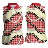 Red Palaka Hawaii Women Sleeveless Polo Shirt Kukui Nut Pikake Lei Hawaiian Tapa Pattern - Polynesian Pride