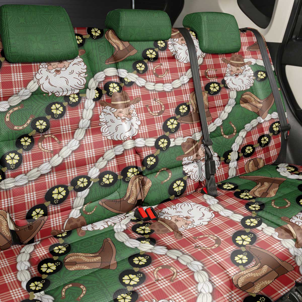 Cowboy Hawaii Mele Kalikimaka Back Car Seat Cover Paniolo Kukui Nut Pikake Lei Red Version - Polynesian Pride
