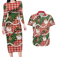 Cowboy Hawaii Mele Kalikimaka Couples Matching Long Sleeve Bodycon Dress and Hawaiian Shirt Paniolo Kukui Nut Pikake Lei Red Version - Polynesian Pride