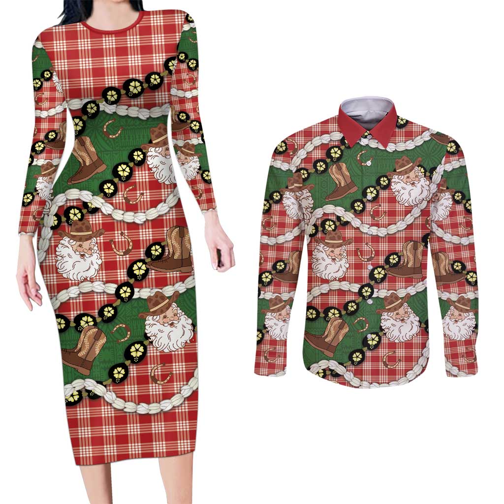 Cowboy Hawaii Mele Kalikimaka Couples Matching Long Sleeve Bodycon Dress and Long Sleeve Button Shirt Paniolo Kukui Nut Pikake Lei Red Version - Polynesian Pride