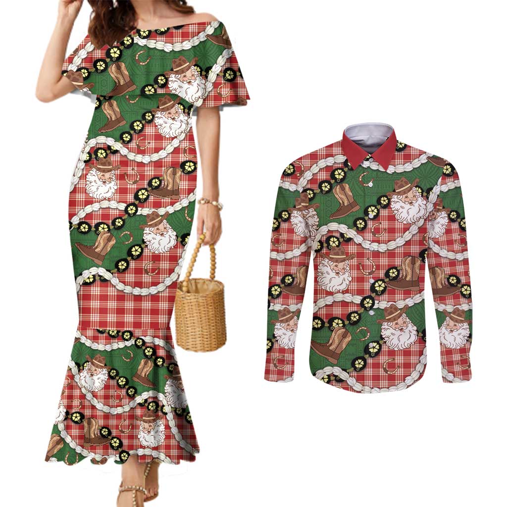 Cowboy Hawaii Mele Kalikimaka Couples Matching Mermaid Dress and Long Sleeve Button Shirt Paniolo Kukui Nut Pikake Lei Red Version - Polynesian Pride
