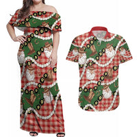 Cowboy Hawaii Mele Kalikimaka Couples Matching Off Shoulder Maxi Dress and Hawaiian Shirt Paniolo Kukui Nut Pikake Lei Red Version - Polynesian Pride