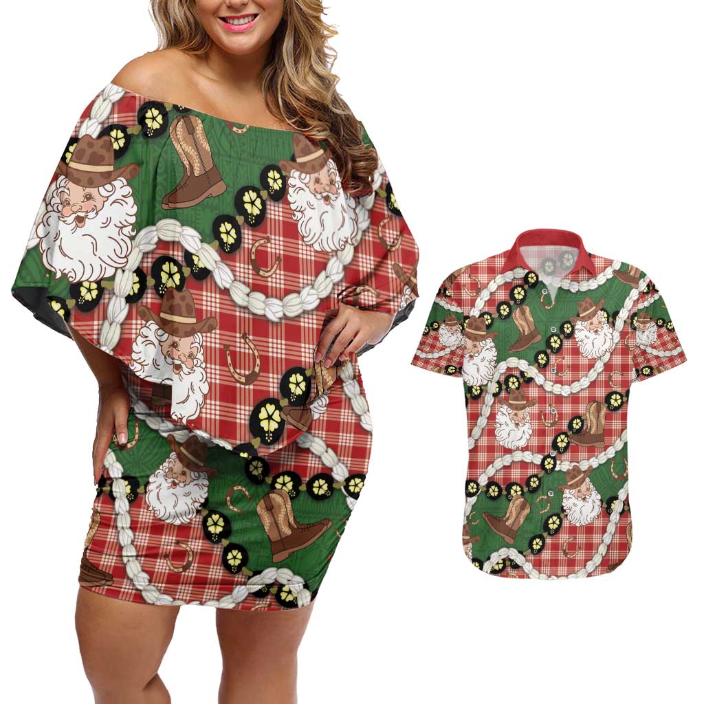 Cowboy Hawaii Mele Kalikimaka Couples Matching Off Shoulder Short Dress and Hawaiian Shirt Paniolo Kukui Nut Pikake Lei Red Version - Polynesian Pride