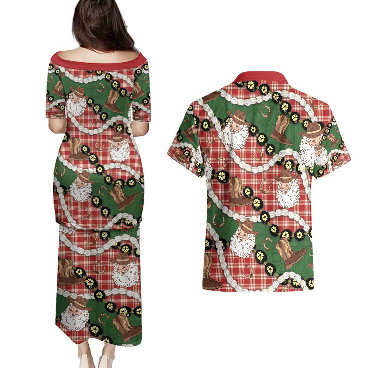 Cowboy Hawaii Mele Kalikimaka Couples Matching Puletasi and Hawaiian Shirt Paniolo Kukui Nut Pikake Lei Red Version - Polynesian Pride