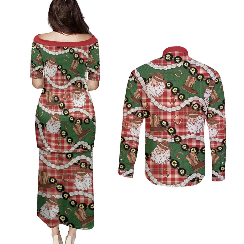 Cowboy Hawaii Mele Kalikimaka Couples Matching Puletasi and Long Sleeve Button Shirt Paniolo Kukui Nut Pikake Lei Red Version - Polynesian Pride