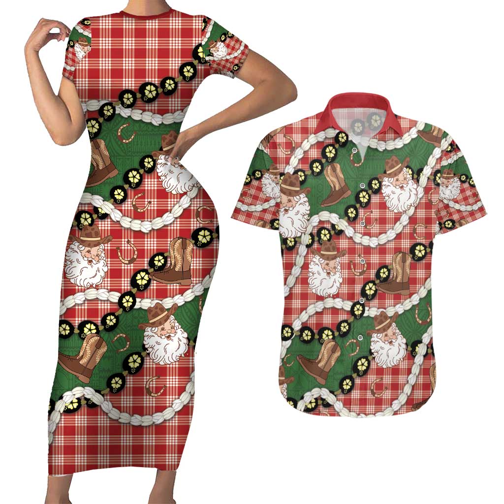 Cowboy Hawaii Mele Kalikimaka Couples Matching Short Sleeve Bodycon Dress and Hawaiian Shirt Paniolo Kukui Nut Pikake Lei Red Version - Polynesian Pride