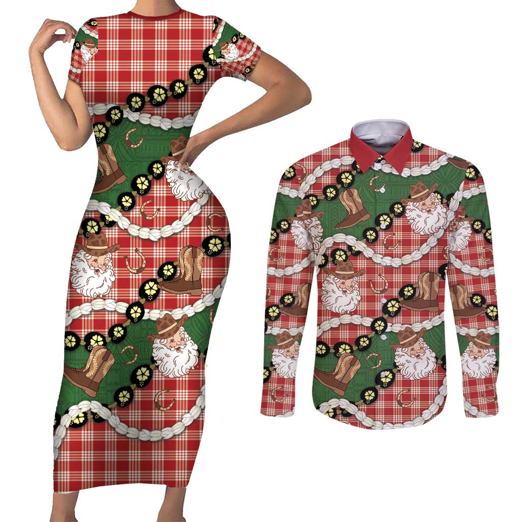 Cowboy Hawaii Mele Kalikimaka Couples Matching Short Sleeve Bodycon Dress and Long Sleeve Button Shirt Paniolo Kukui Nut Pikake Lei Red Version - Polynesian Pride