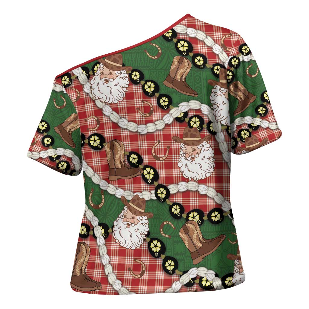 Cowboy Hawaii Mele Kalikimaka Cross Shoulder Shirt Paniolo Kukui Nut Pikake Lei Red Version - Polynesian Pride