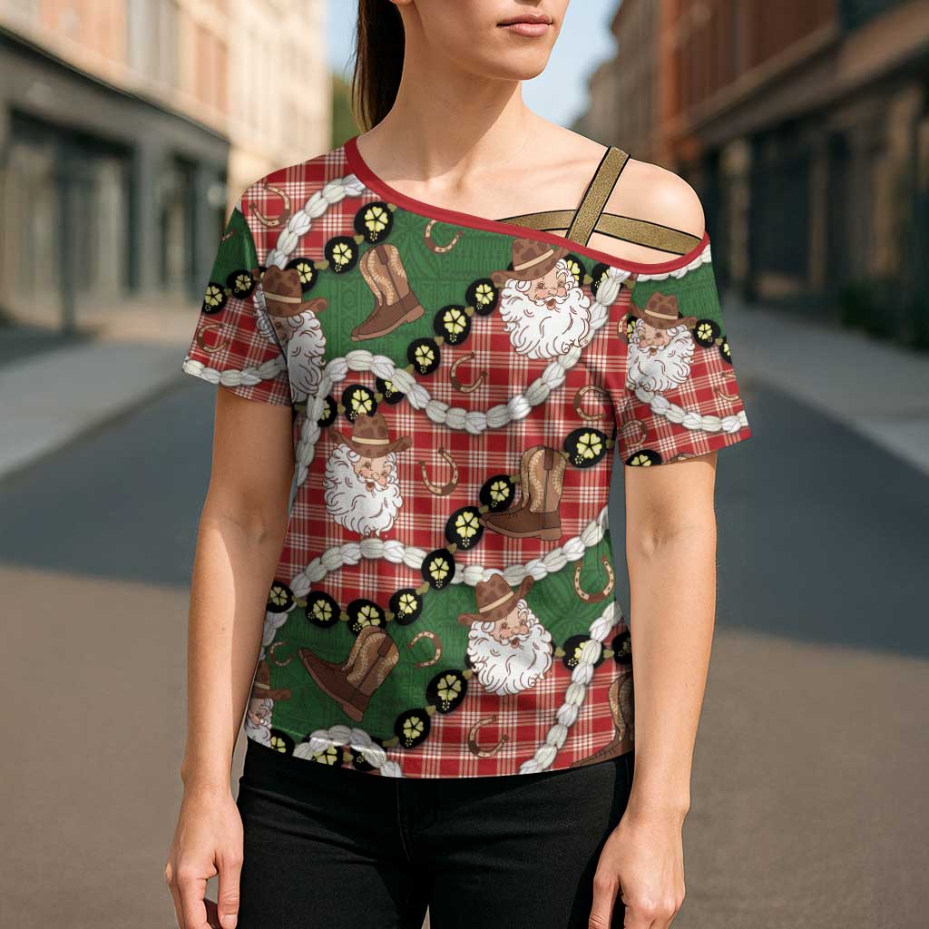 Cowboy Hawaii Mele Kalikimaka Cross Shoulder Shirt Paniolo Kukui Nut Pikake Lei Red Version - Polynesian Pride