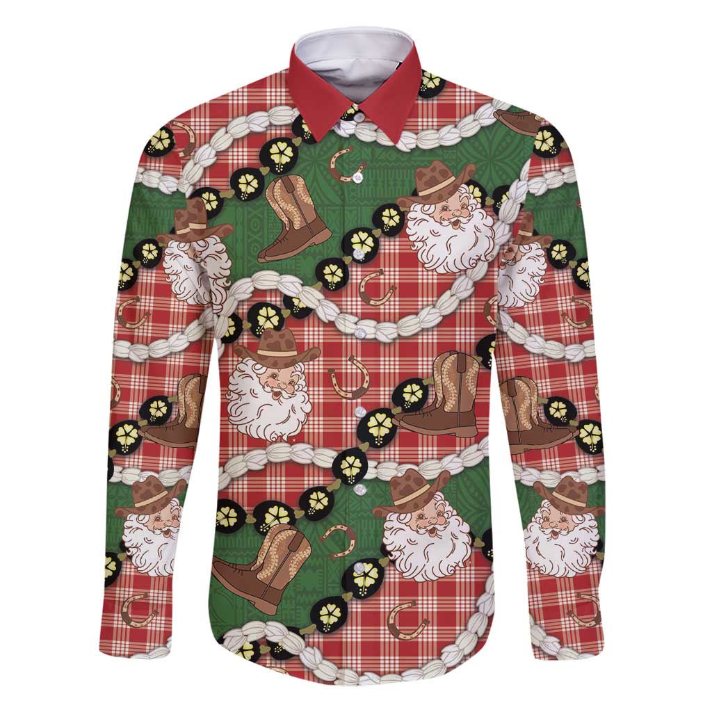 Cowboy Hawaii Mele Kalikimaka Family Matching Long Sleeve Bodycon Dress and Hawaiian Shirt Paniolo Kukui Nut Pikake Lei Red Version - Polynesian Pride